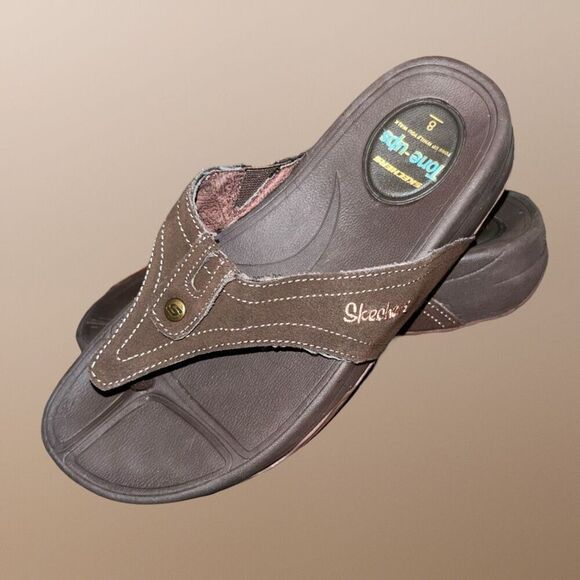 Skechers Women's Tone Up Moonrock Suede Leather Flip Flop In Brown Size 7 - Picture 1 of 6